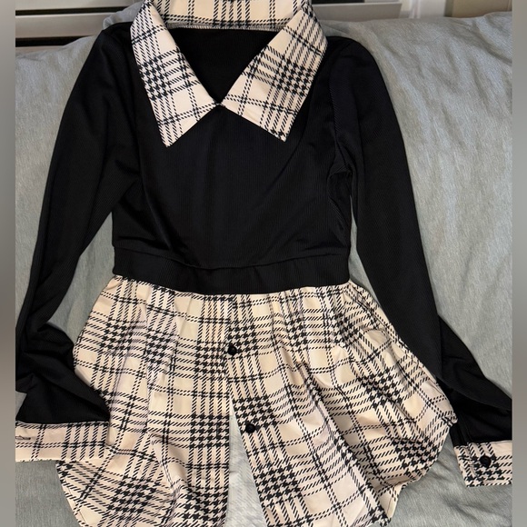 Retro Vintage inspired Black & Cream Plaid Shirt Dress with Collar size S/M - Picture 3 of 8